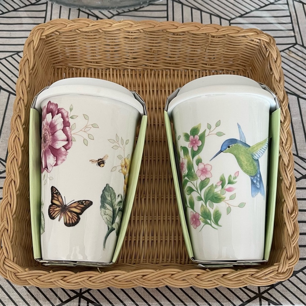 Lenox Floral and Hummingbird Ceramic Mugs Set